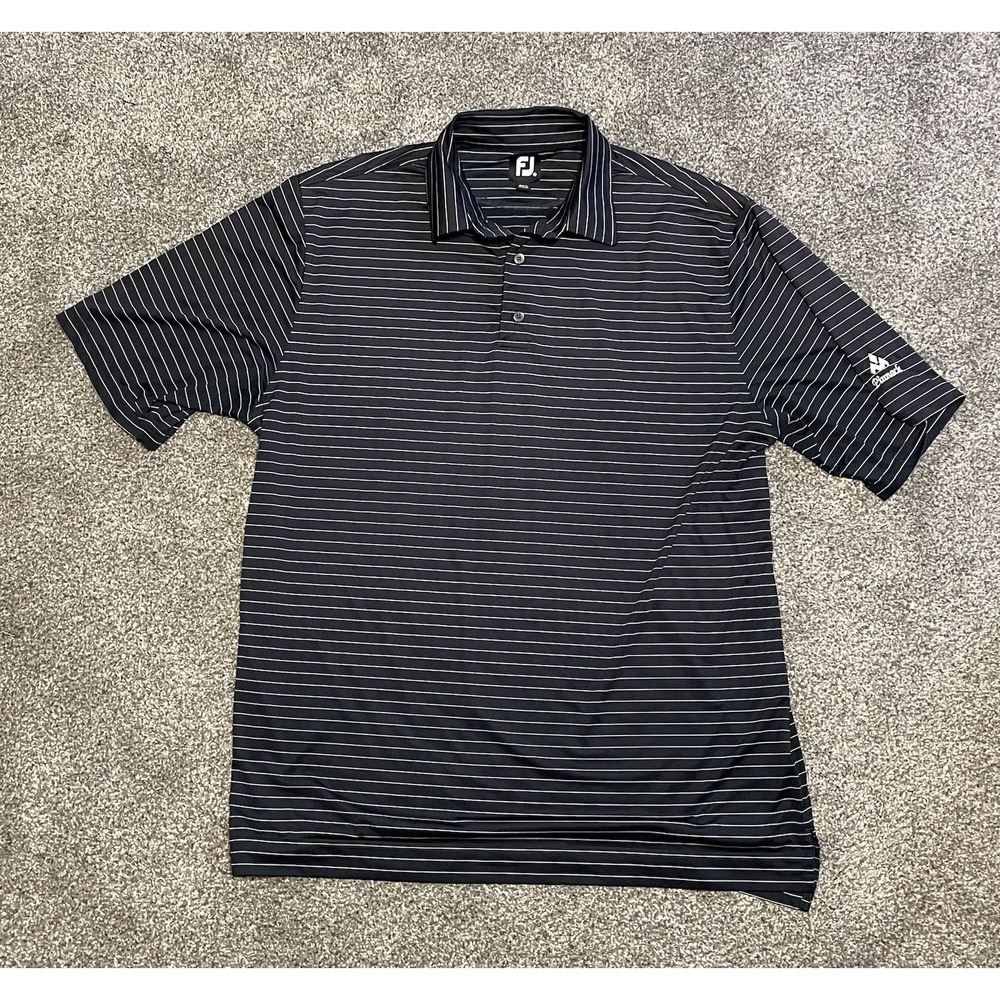 Foot Joy Golf Polo Mens Dark Blue‎ Stripes Logo Pinnacle Short Sleeve Athletic